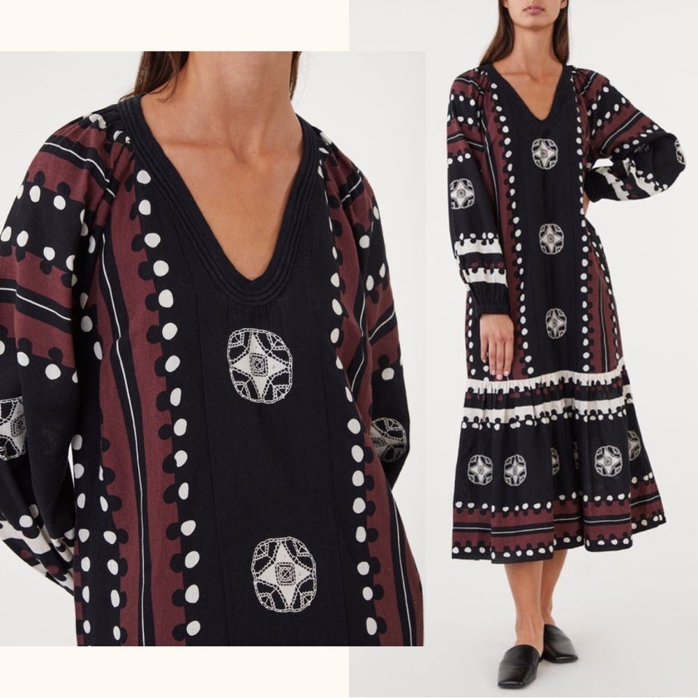Sea New York | Liora Dress Long Sleeve Linen Black Burgundy Tribal Maxi 2022